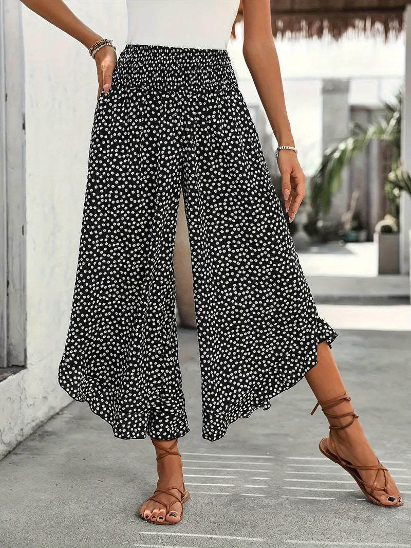 Pantalon palazzo noir à pois blancs pour femme – vue portée de face